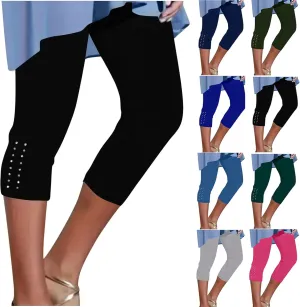 Capri Leggings for Women Rhinestone Cropped Trousers High Waist 3/4 Length Yoga Pants Stretchy Casual Jegging Tights