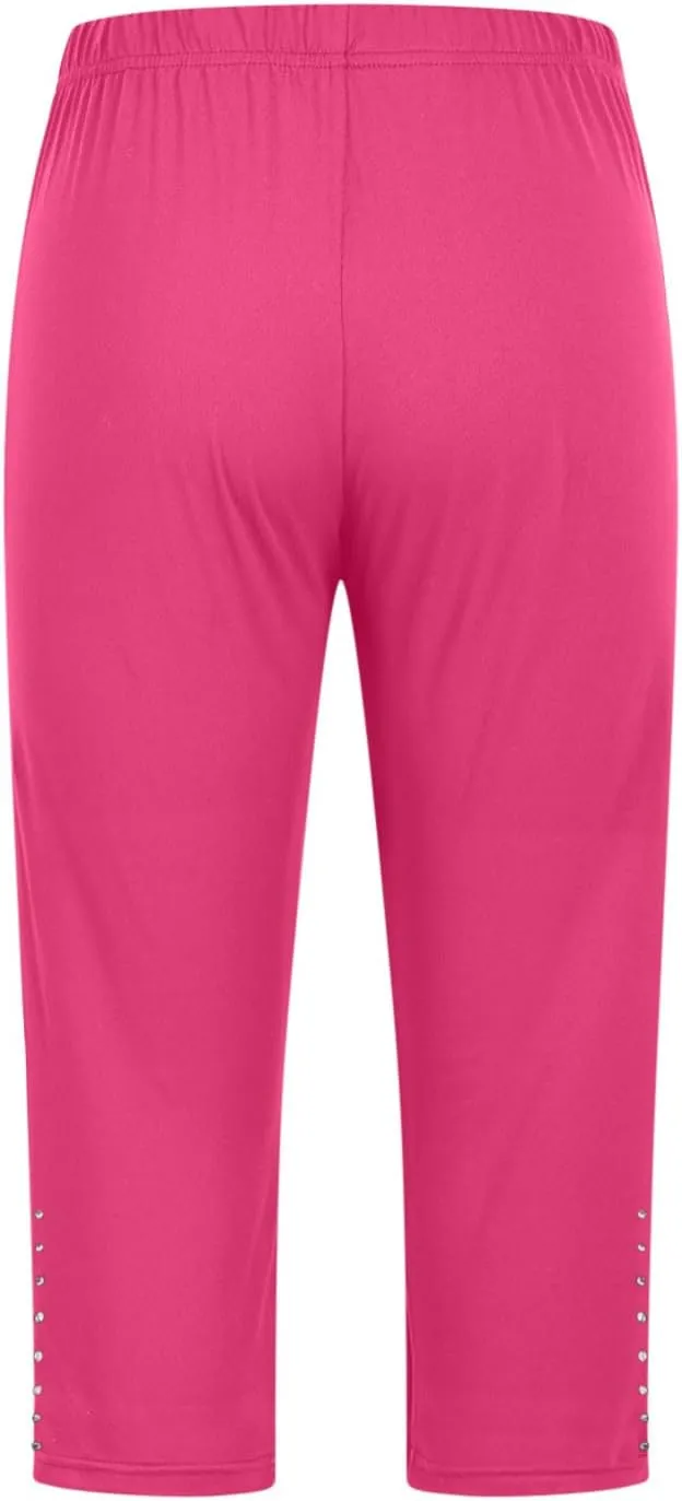 Capri Leggings for Women Rhinestone Cropped Trousers High Waist 3/4 Length Yoga Pants Stretchy Casual Jegging Tights