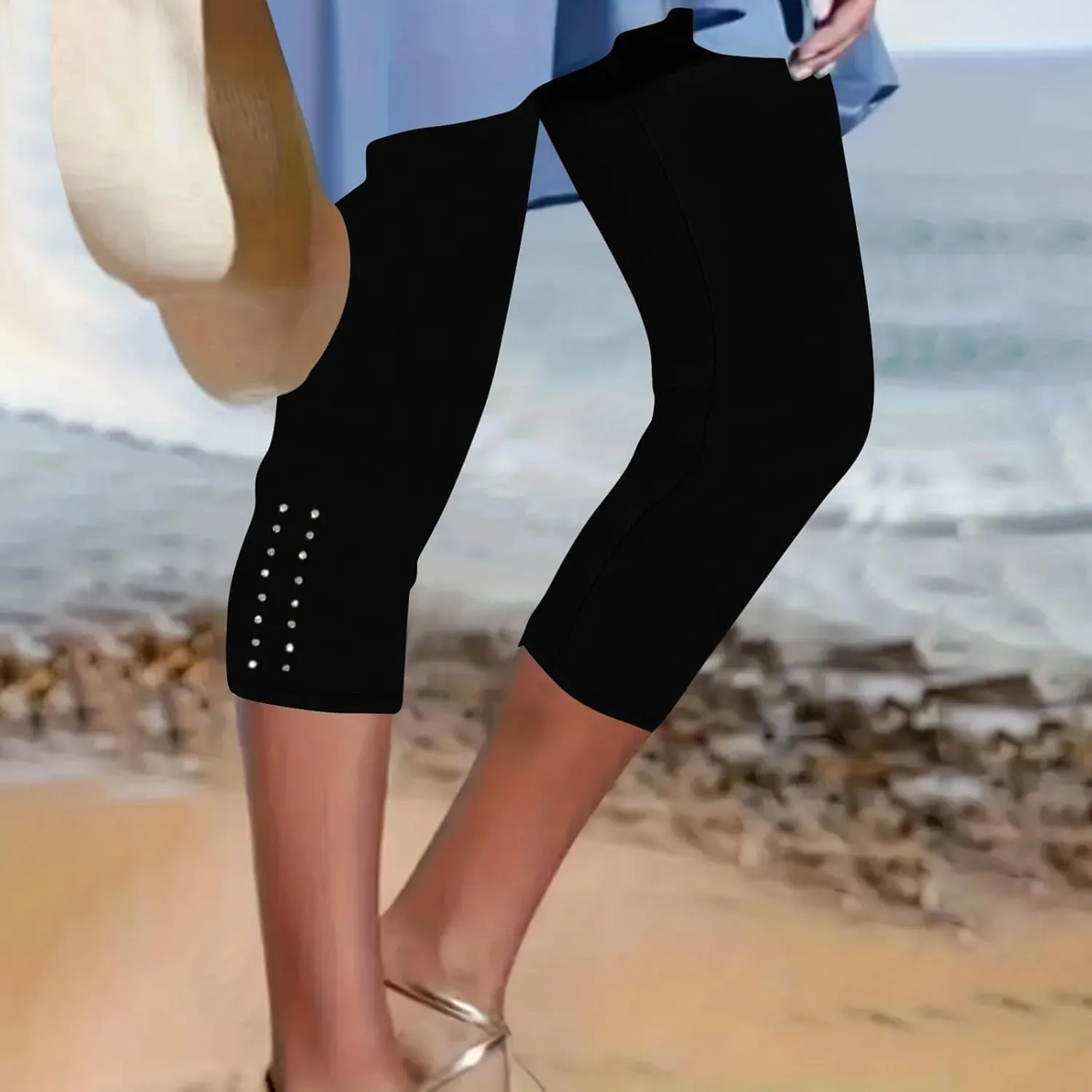 Capri Leggings for Women Rhinestone Cropped Trousers High Waist 3/4 Length Yoga Pants Stretchy Casual Jegging Tights