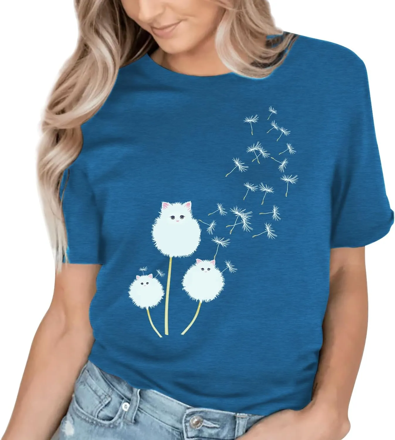 Cat Shirts for Women Flower Tee Shirts Womens Dandelion T-Shirt Cute Dandelion Cat Graphic Print Shirts
