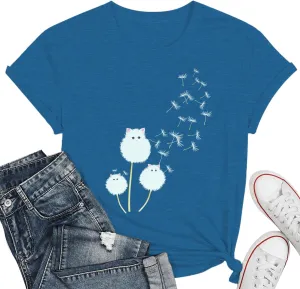 Cat Shirts for Women Flower Tee Shirts Womens Dandelion T-Shirt Cute Dandelion Cat Graphic Print Shirts