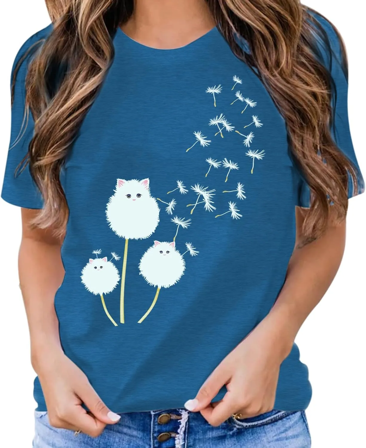Cat Shirts for Women Flower Tee Shirts Womens Dandelion T-Shirt Cute Dandelion Cat Graphic Print Shirts