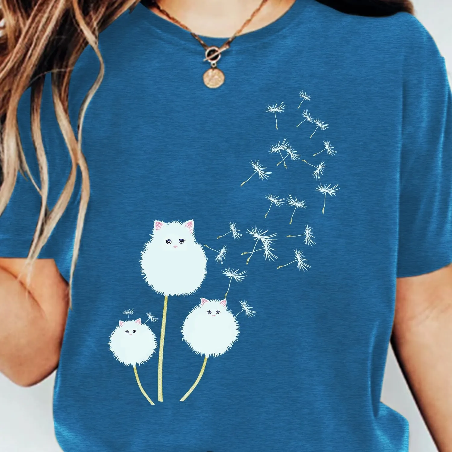 Cat Shirts for Women Flower Tee Shirts Womens Dandelion T-Shirt Cute Dandelion Cat Graphic Print Shirts