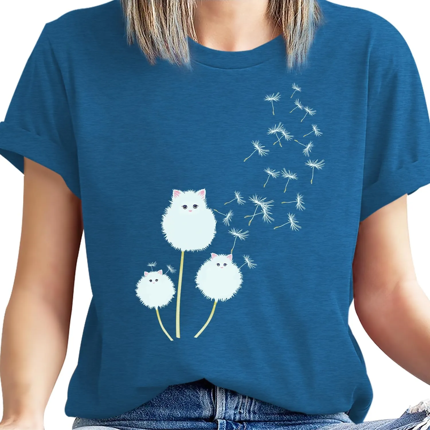 Cat Shirts for Women Flower Tee Shirts Womens Dandelion T-Shirt Cute Dandelion Cat Graphic Print Shirts