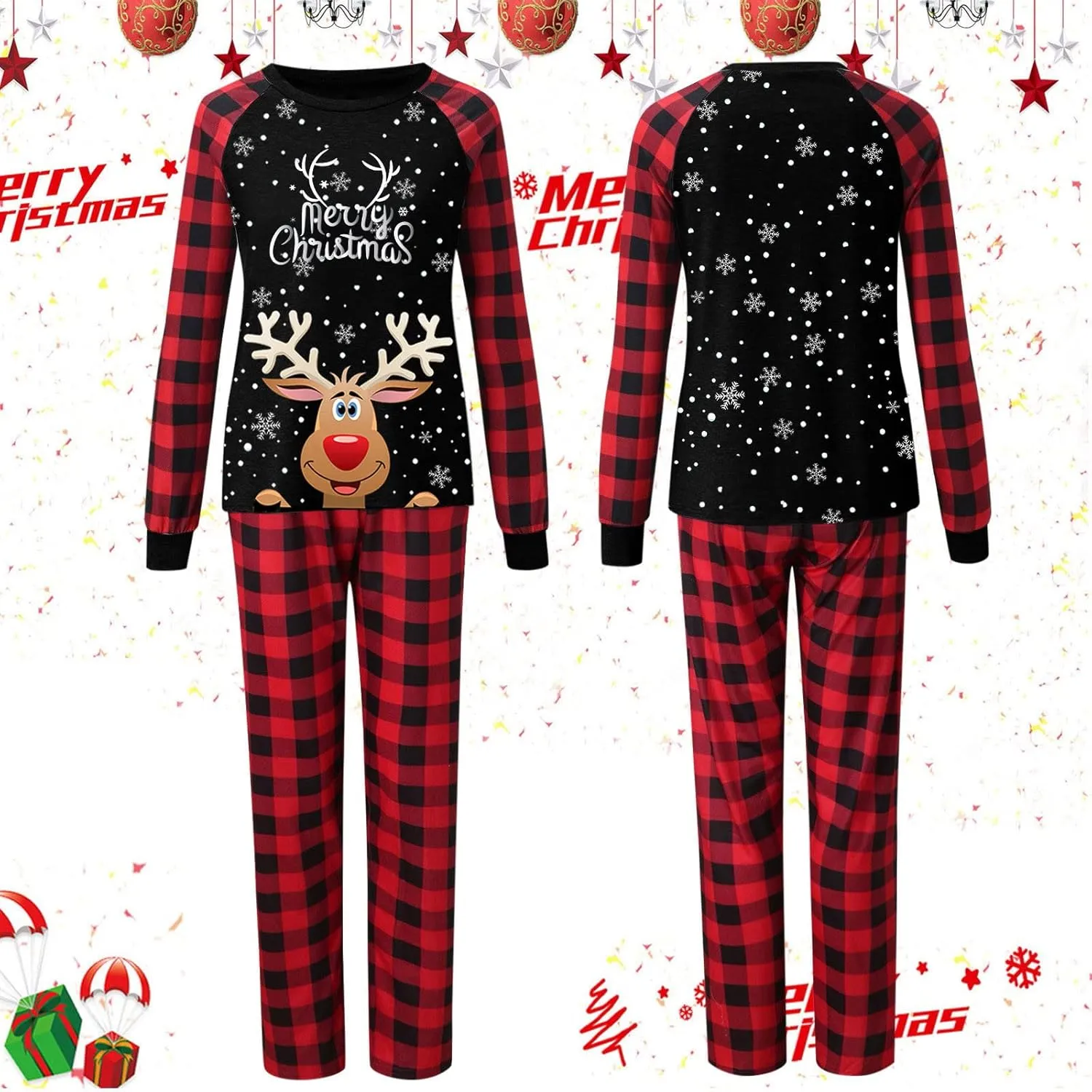 Christmas Family Matching Pajamas Sets Christmas PJ's Letter Print Top and Plaid Pants Jammies Sleepwear