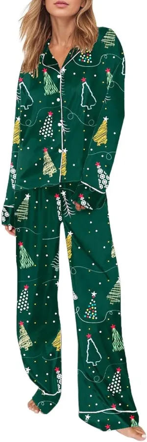Christmas Pjs White Christmas pajamas Satin Silk Funny Graphic 2 Piece Sleepwear Classic Button Down Night Wear