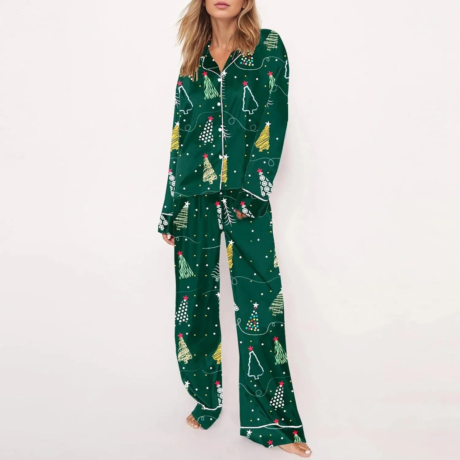 Christmas Pjs White Christmas pajamas Satin Silk Funny Graphic 2 Piece Sleepwear Classic Button Down Night Wear