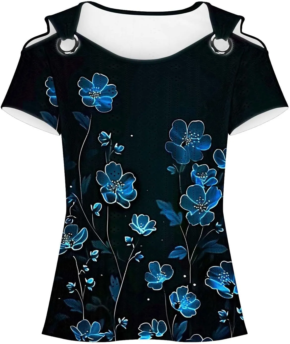 Cold Shoulder Tops for Women Summer Hollow Out Eyelet Short Sleeve Blouse Retro Floral Print Short Sleeve Tshirts
