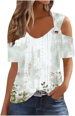 Cold Shoulder Tops for Women Summer Hollow Out Eyelet Short Sleeve Blouse Retro Floral Print Short Sleeve Tshirts