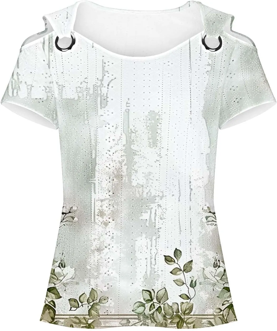 Cold Shoulder Tops for Women Summer Hollow Out Eyelet Short Sleeve Blouse Retro Floral Print Short Sleeve Tshirts