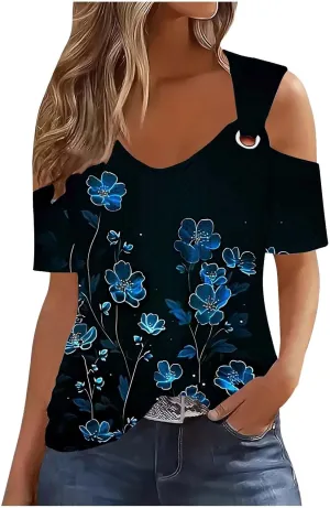 Cold Shoulder Tops for Women Summer Hollow Out Eyelet Short Sleeve Blouse Retro Floral Print Short Sleeve Tshirts