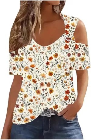Cold Shoulder Tops for Women Summer Hollow Out Eyelet Short Sleeve Blouse Retro Floral Print Short Sleeve Tshirts