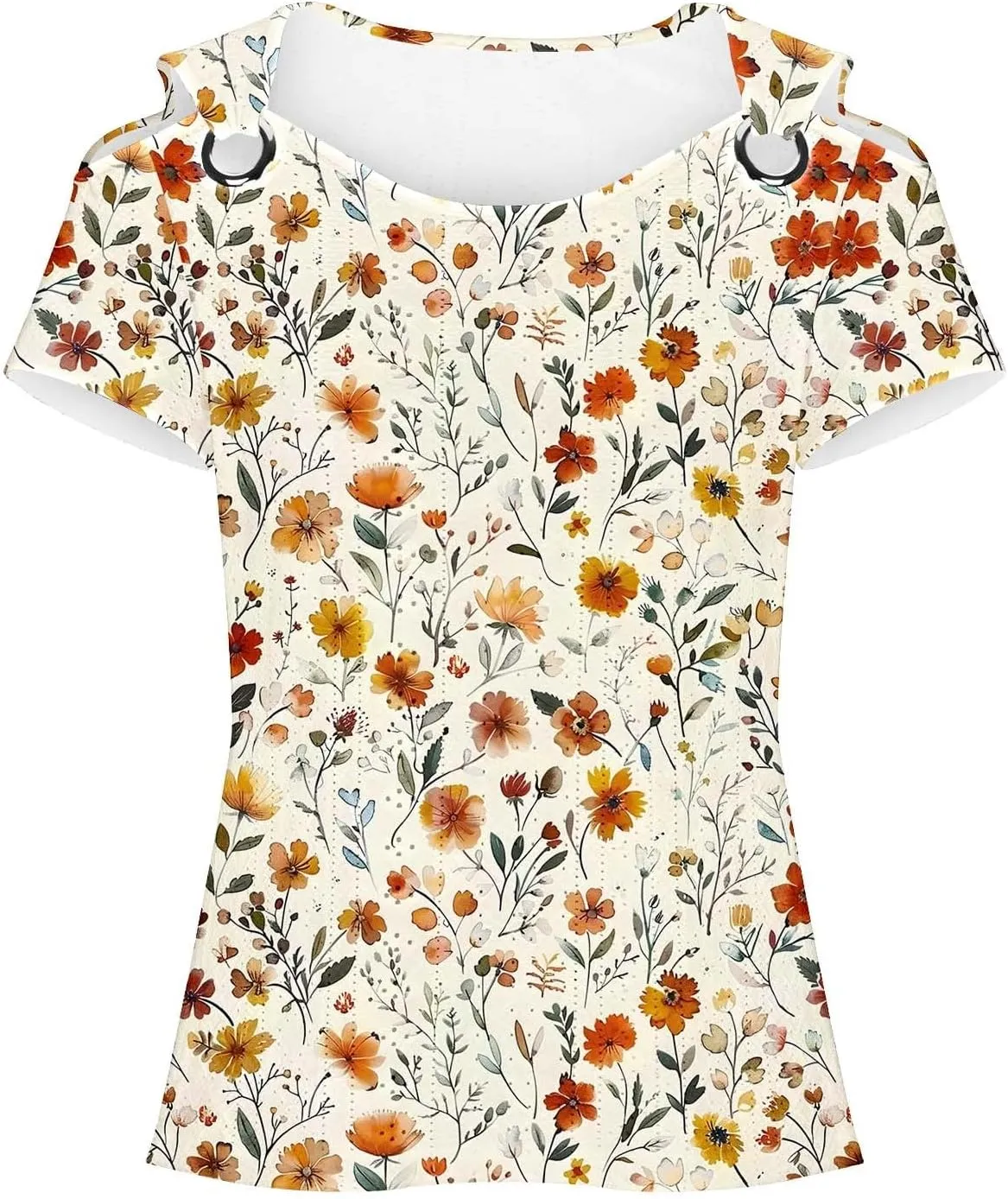 Cold Shoulder Tops for Women Summer Hollow Out Eyelet Short Sleeve Blouse Retro Floral Print Short Sleeve Tshirts