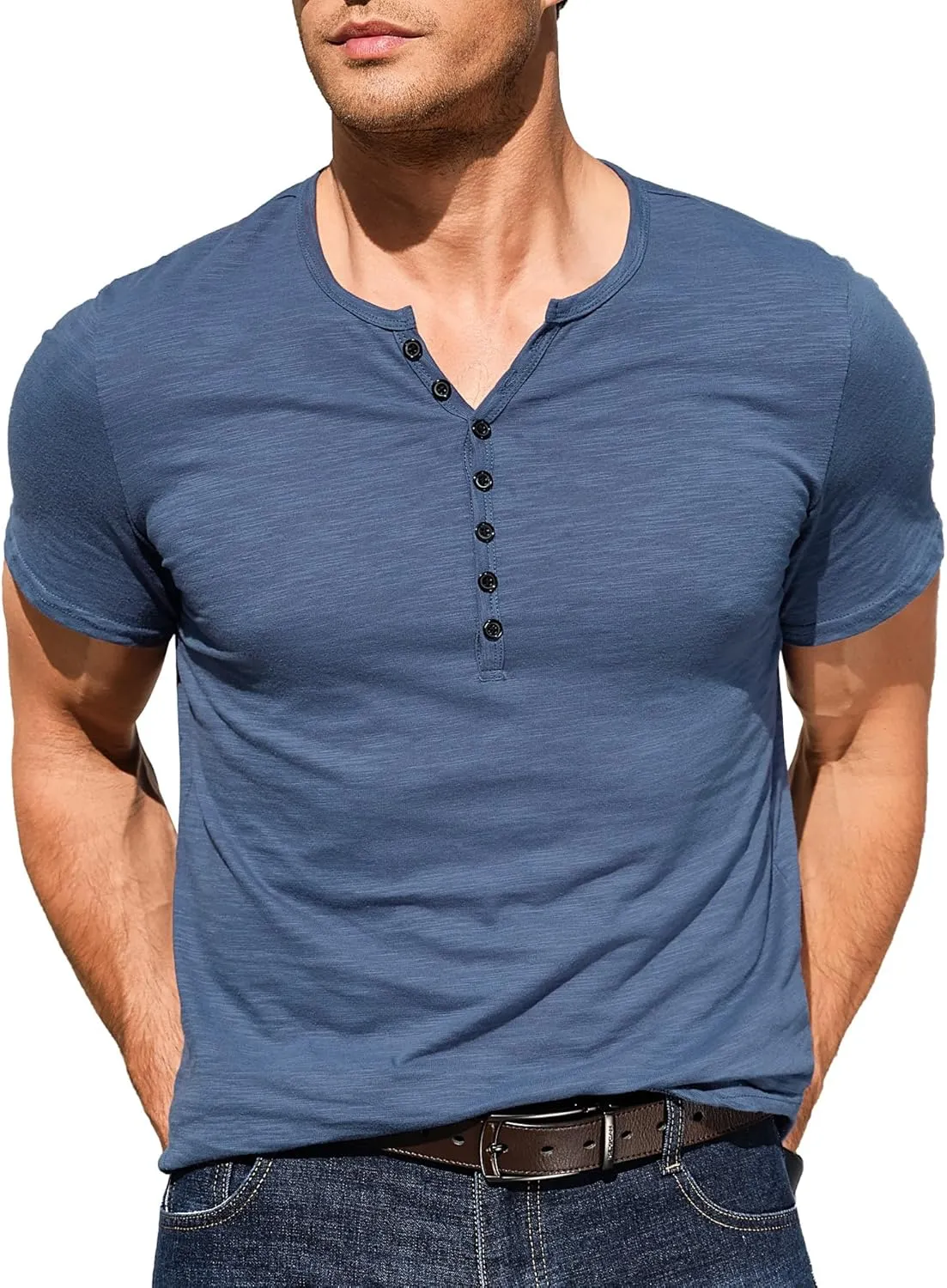 Comdecevis Men's Henley Shirts Short Sleeve Muscle Fit Shirts Vintage Casual Button V Neck T-Shirts for Men