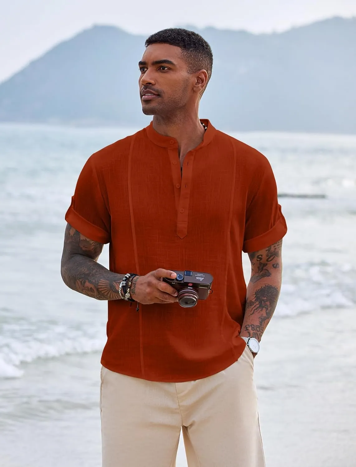 COOFANDY Men's Henley T-Shirts Short Sleeve Casual Button Henley Shirts Band Collar Tee Summer Beach Hippie Shirts