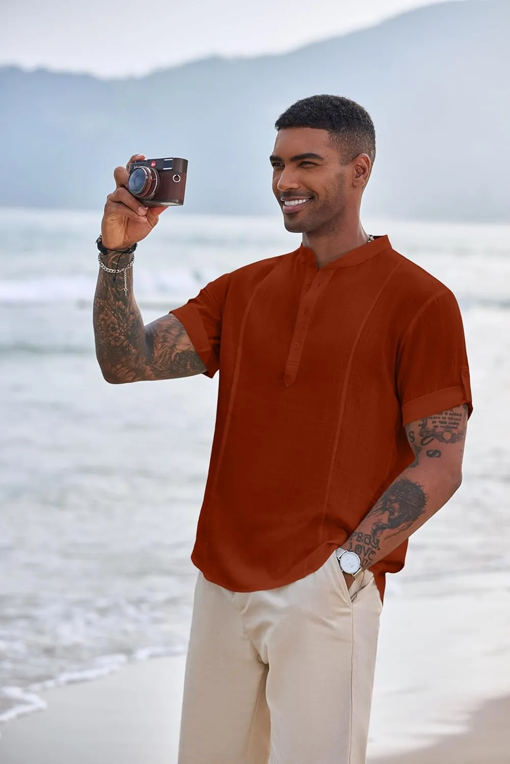 COOFANDY Men's Henley T-Shirts Short Sleeve Casual Button Henley Shirts Band Collar Tee Summer Beach Hippie Shirts