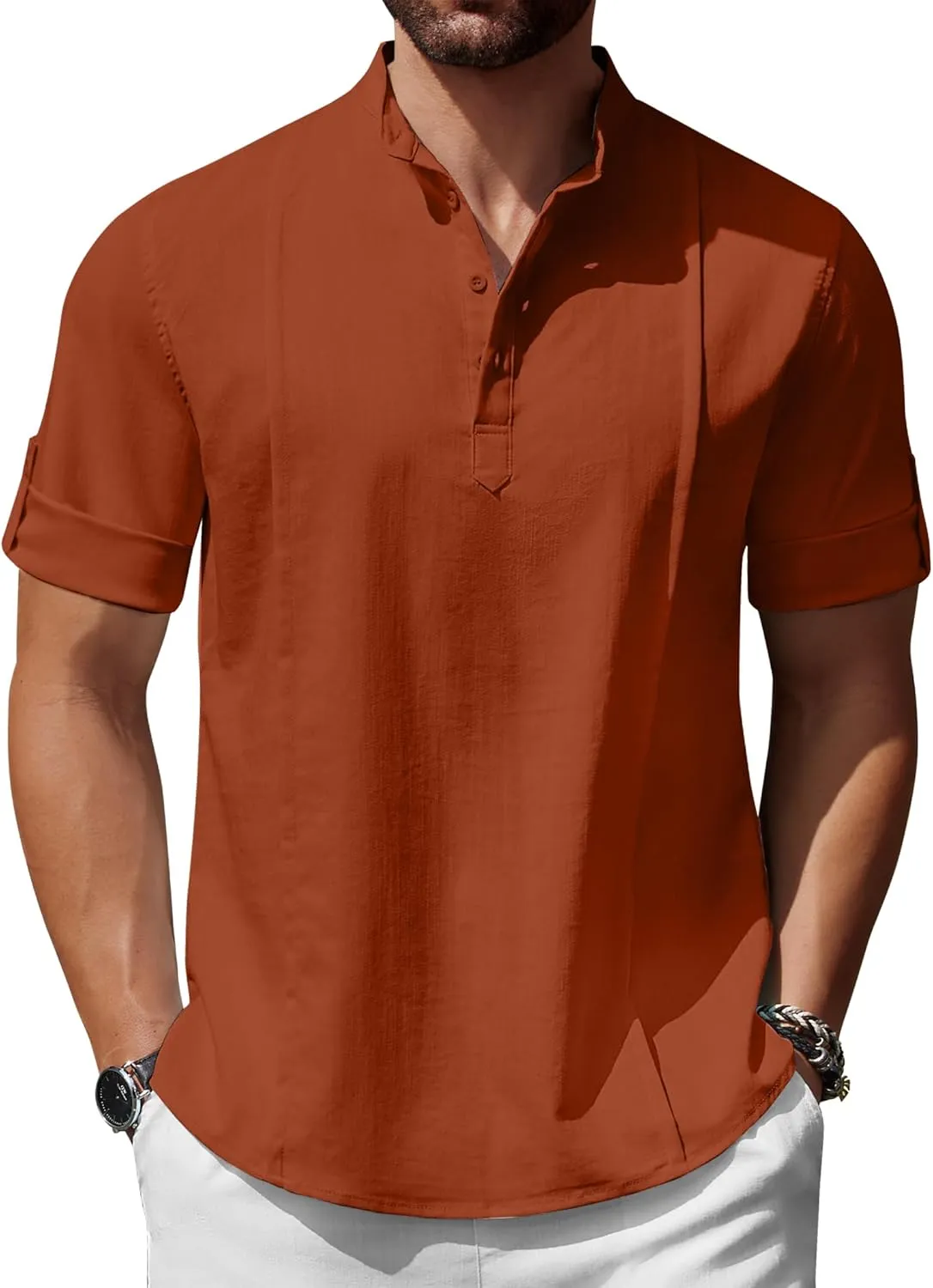 COOFANDY Men's Henley T-Shirts Short Sleeve Casual Button Henley Shirts Band Collar Tee Summer Beach Hippie Shirts