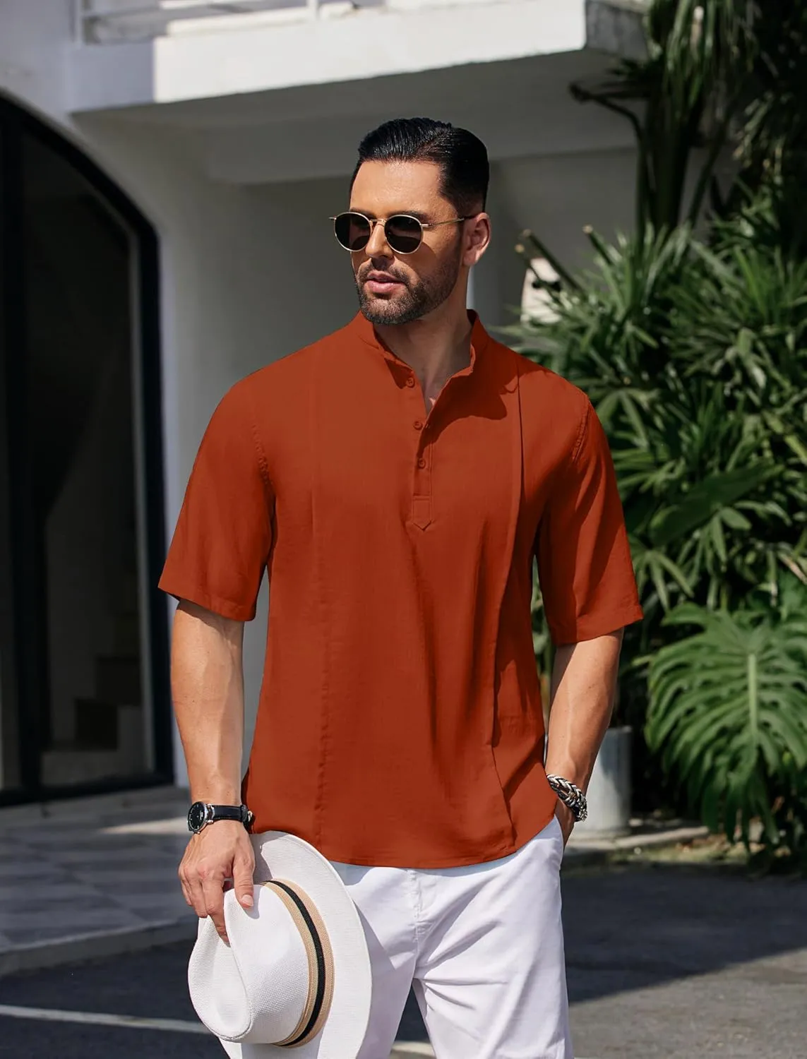 COOFANDY Men's Henley T-Shirts Short Sleeve Casual Button Henley Shirts Band Collar Tee Summer Beach Hippie Shirts