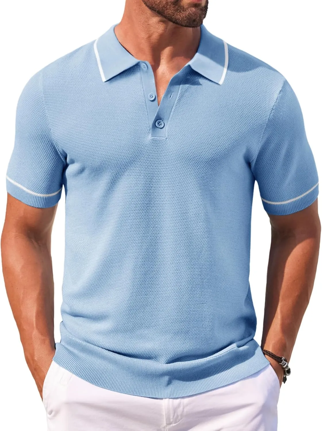 COOFANDY Men's Knit Polo Shirts Casual Short Sleeve Button Down Shirts Crochet Classic Golf Polo Collared Shirts