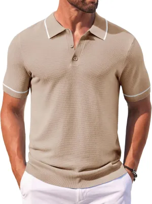 COOFANDY Men's Knit Polo Shirts Casual Short Sleeve Button Down Shirts Crochet Classic Golf Polo Collared Shirts