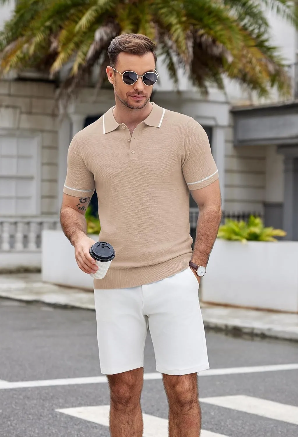 COOFANDY Men's Knit Polo Shirts Casual Short Sleeve Button Down Shirts Crochet Classic Golf Polo Collared Shirts