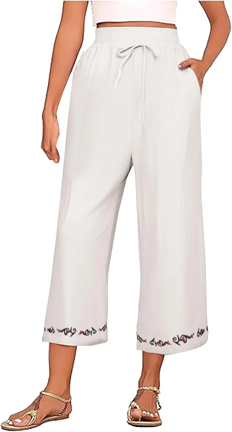 Cotton Linen Crop Pants for Women Elastic Waist Vintage Floral Embroidered Cropped Trousers Wide Leg Pants with Pockets