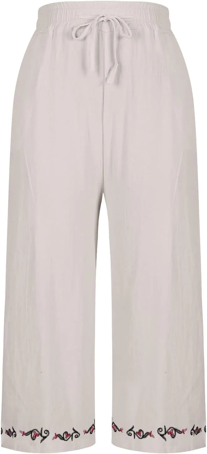 Cotton Linen Crop Pants for Women Elastic Waist Vintage Floral Embroidered Cropped Trousers Wide Leg Pants with Pockets