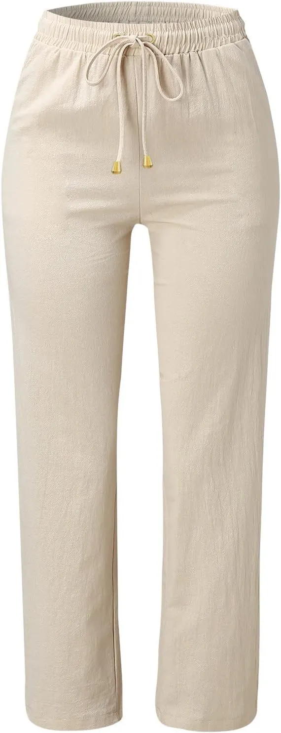 Cotton Linen Pants Womens Casual Long Trousers Lightweight High Waist Summer Pant Straight Leg Trouser Drawstring