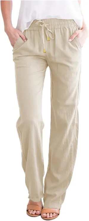 Cotton Linen Pants Womens Casual Long Trousers Lightweight High Waist Summer Pant Straight Leg Trouser Drawstring