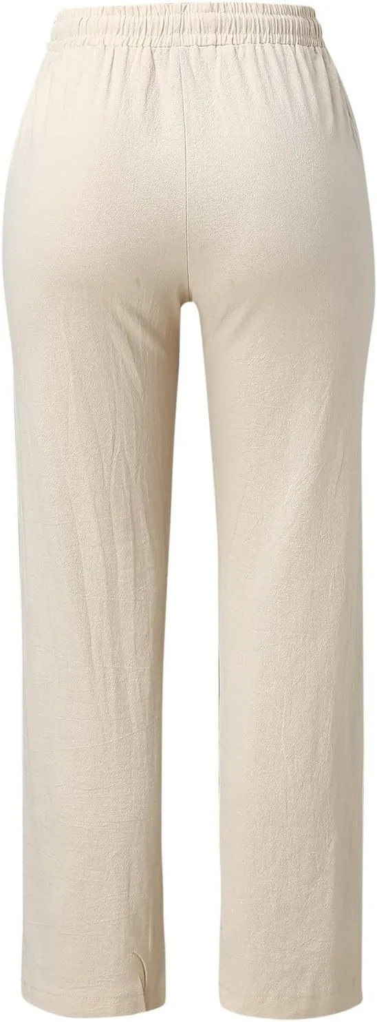 Cotton Linen Pants Womens Casual Long Trousers Lightweight High Waist Summer Pant Straight Leg Trouser Drawstring