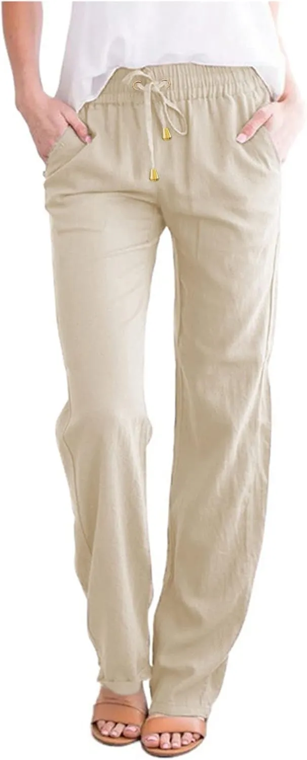 Cotton Linen Pants Womens Casual Long Trousers Lightweight High Waist Summer Pant Straight Leg Trouser Drawstring