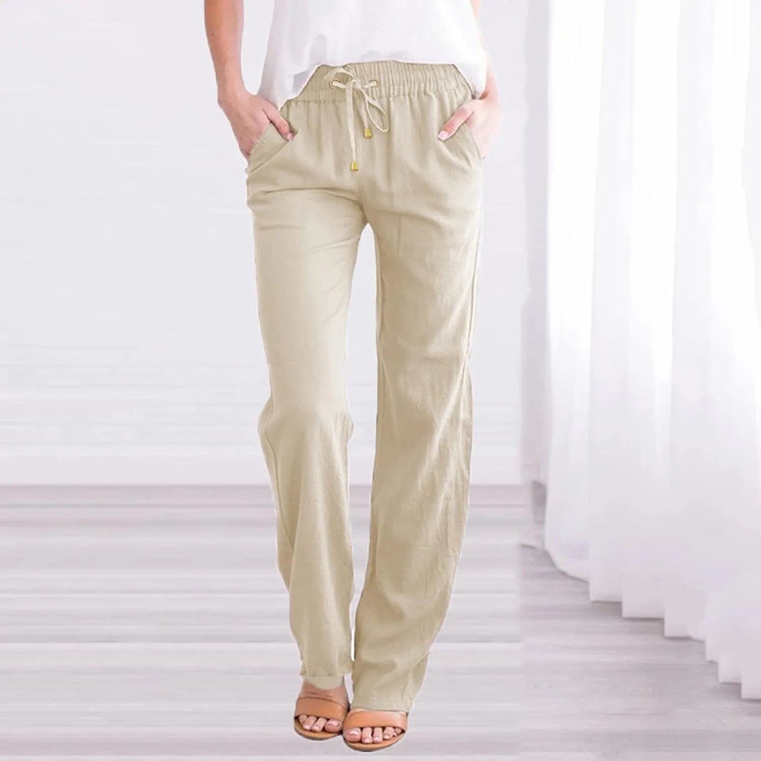 Cotton Linen Pants Womens Casual Long Trousers Lightweight High Waist Summer Pant Straight Leg Trouser Drawstring