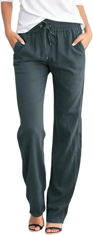 Cotton Linen Pants Womens Casual Long Trousers Lightweight High Waist Summer Pant Straight Leg Trouser Drawstring