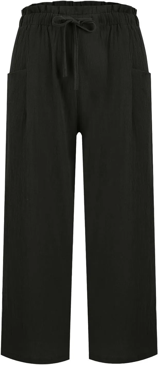 Cropped Linen Pants Women Summer Elastic Waist Wide Leg Crop Pants Casual Drawstring Lightweight Baggy Beach Trousers