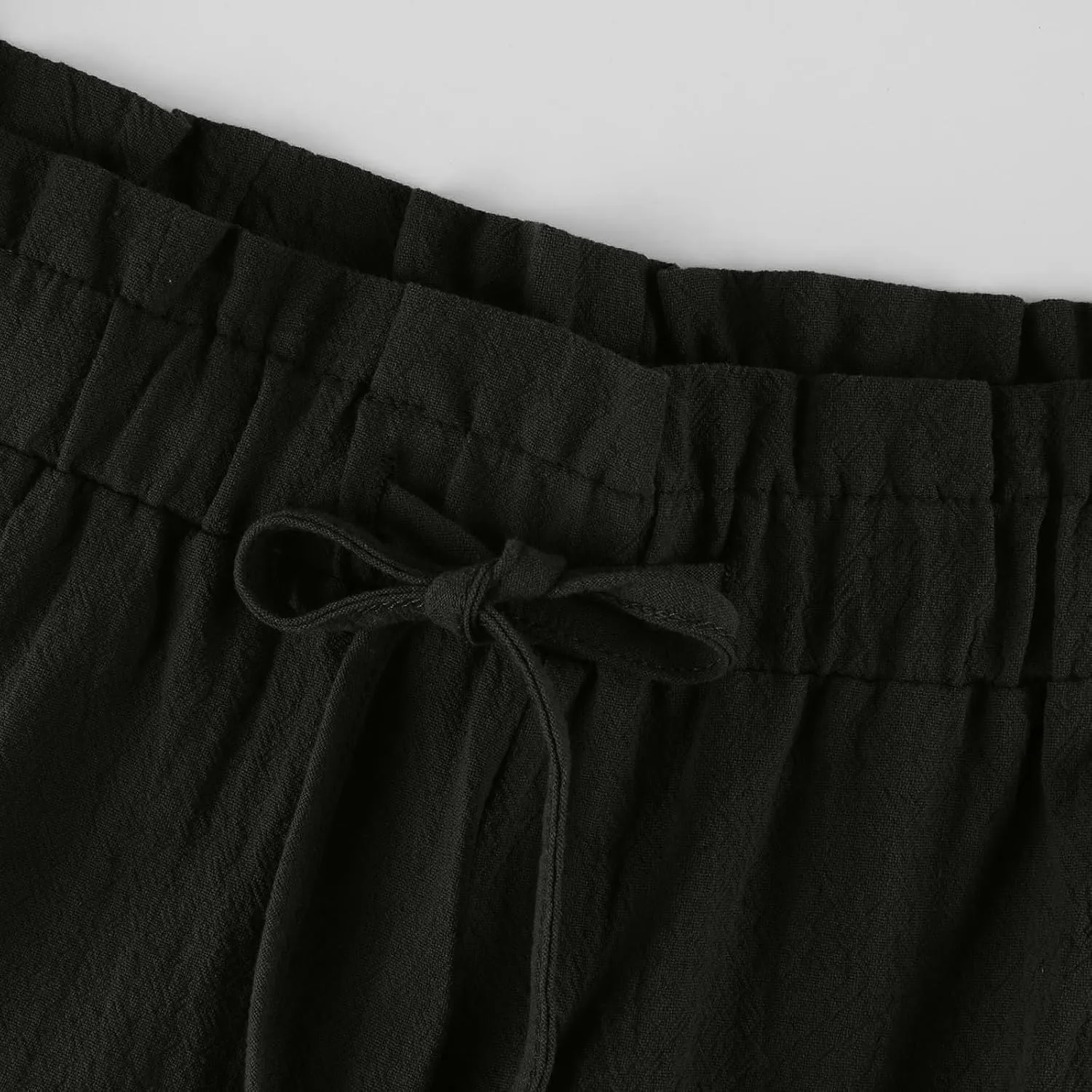 Cropped Linen Pants Women Summer Elastic Waist Wide Leg Crop Pants Casual Drawstring Lightweight Baggy Beach Trousers