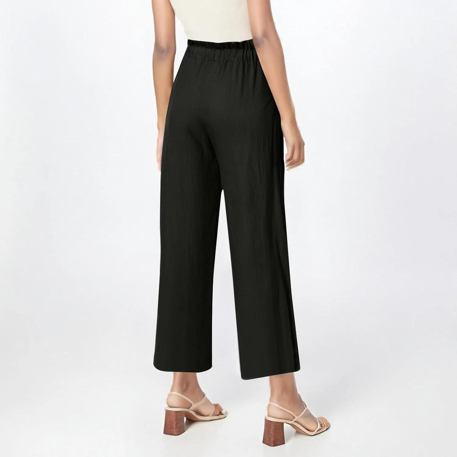 Cropped Linen Pants Women Summer Elastic Waist Wide Leg Crop Pants Casual Drawstring Lightweight Baggy Beach Trousers