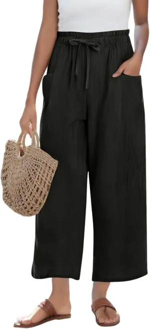 Cropped Linen Pants Women Summer Elastic Waist Wide Leg Crop Pants Casual Drawstring Lightweight Baggy Beach Trousers