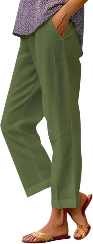 Cropped Linen Pants Women Summer Petite Plus Size Capri Pants Elastic Wide Leg Crop Pants Beach Trousers with Pockets