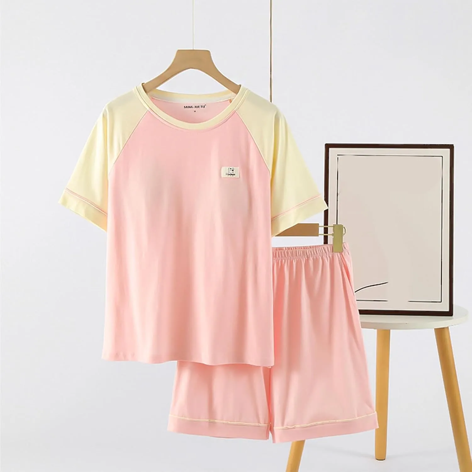 Cute Color Block Cotton Pajama Sets Women 2 Piece Built-in Bra Soft Sleepwear Short Sleeve T-Shirt and Shorts Outfit