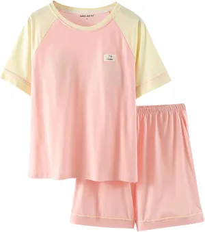 Cute Color Block Cotton Pajama Sets Women 2 Piece Built-in Bra Soft Sleepwear Short Sleeve T-Shirt and Shorts Outfit