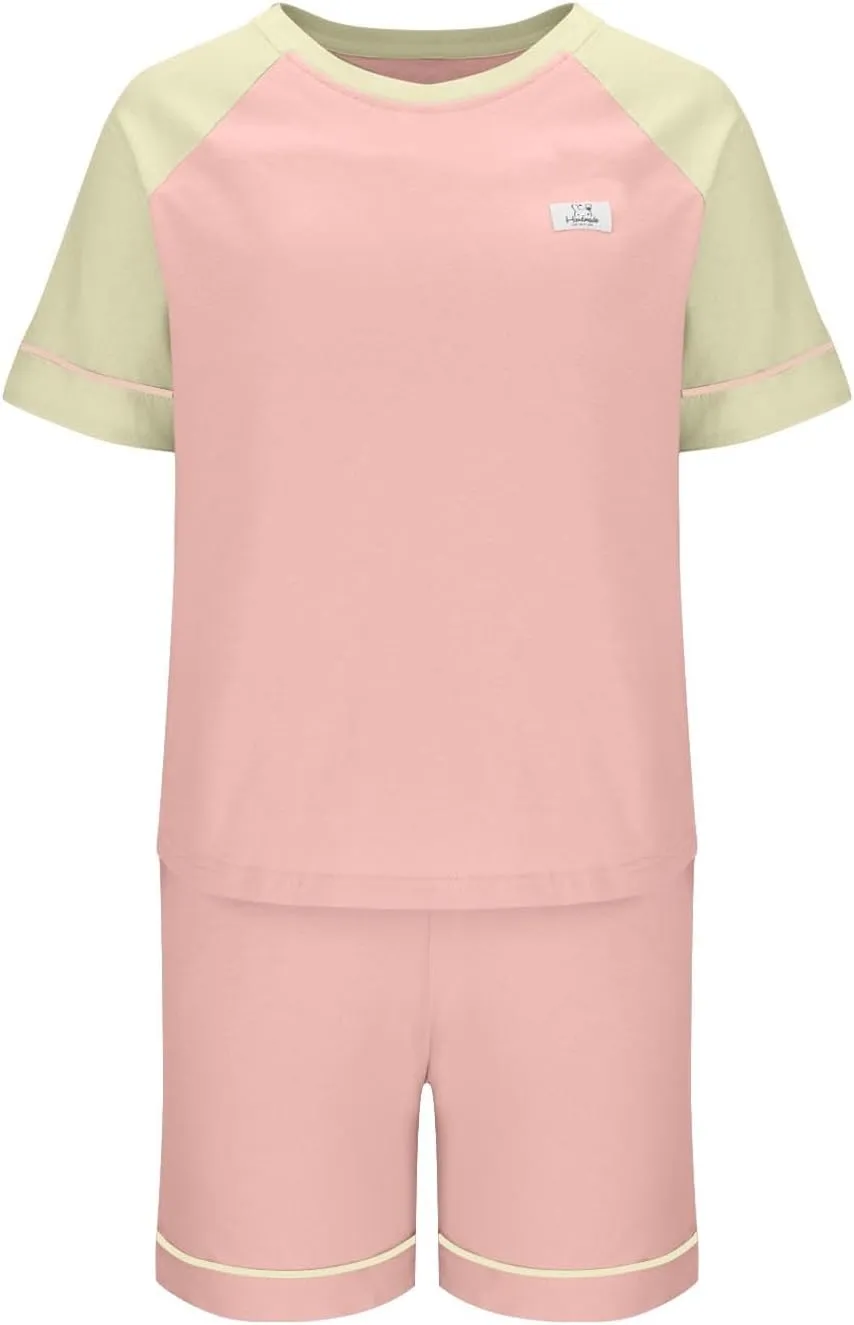 Cute Color Block Cotton Pajama Sets Women 2 Piece Built-in Bra Soft Sleepwear Short Sleeve T-Shirt and Shorts Outfit
