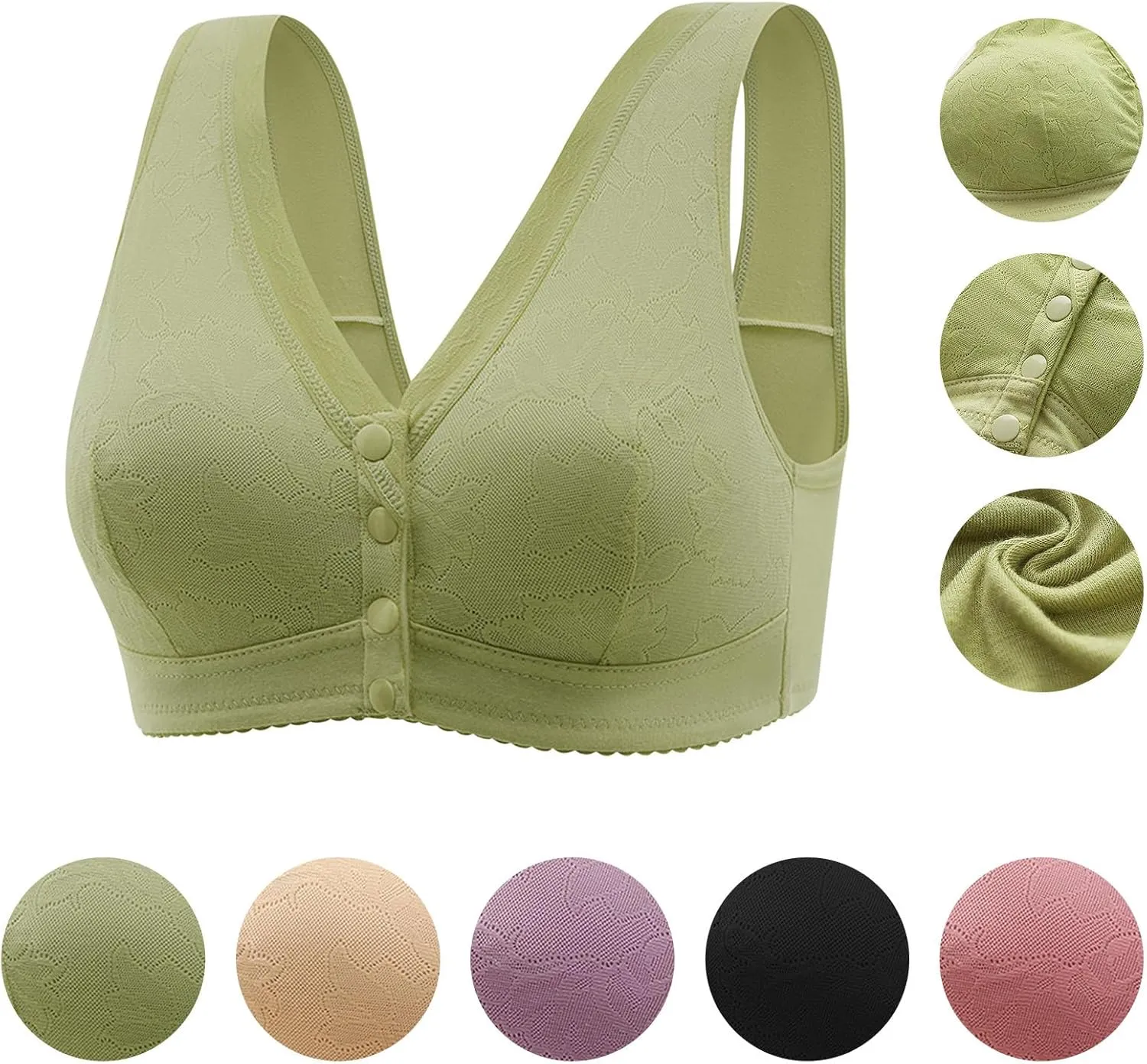 Daisy Bras for Women Plus Size Wireless Front Button Closure Lace Bra Push Up Full Support Breathable Bralettes