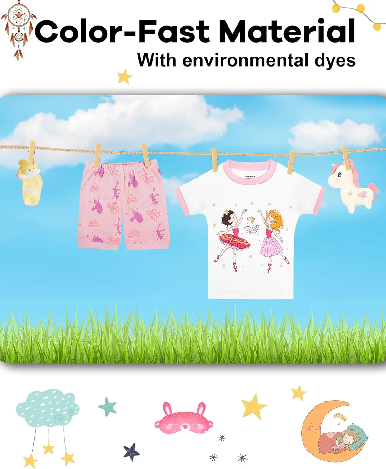 DAUGHTER QUEEN Girls Summer Pajamas Set 4 Pieces 100% Cotton Sleepwear Size 18 Months-12 Years