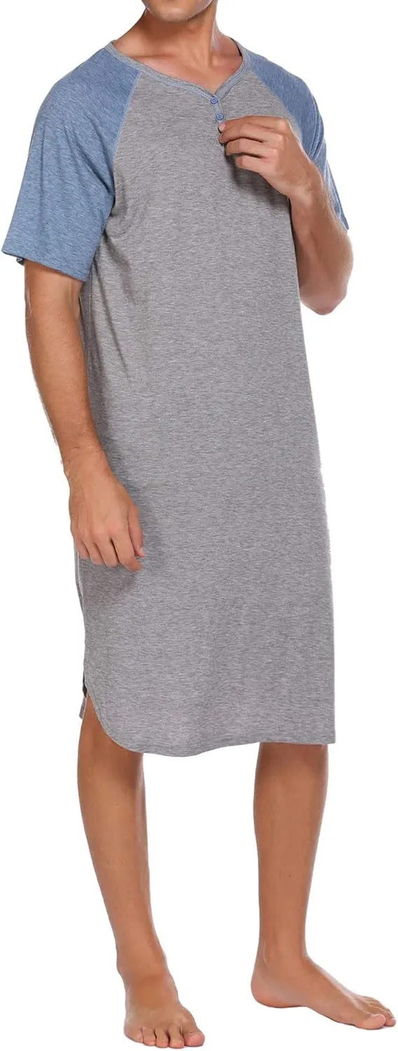 Ekouaer Sleepwear Men's Nightshirt Short Sleeve Pajamas Comfy Big & Tall Henley Sleep Shirt M-XXXL