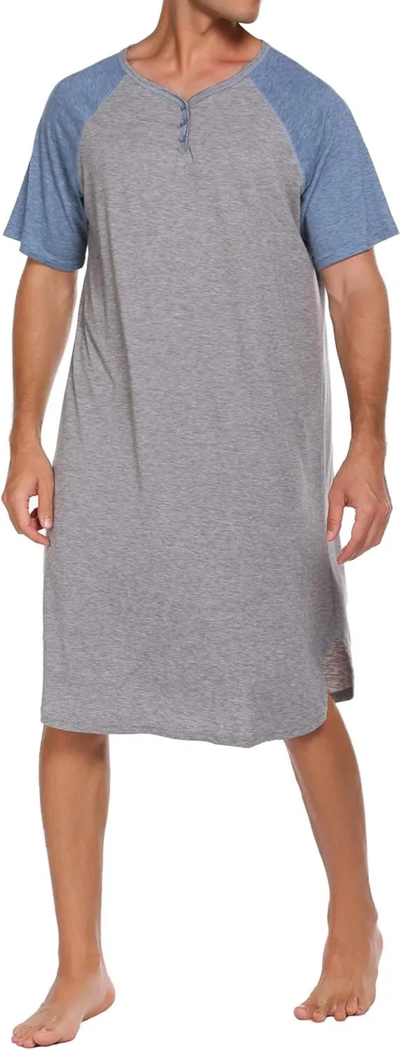 Ekouaer Sleepwear Men's Nightshirt Short Sleeve Pajamas Comfy Big & Tall Henley Sleep Shirt M-XXXL