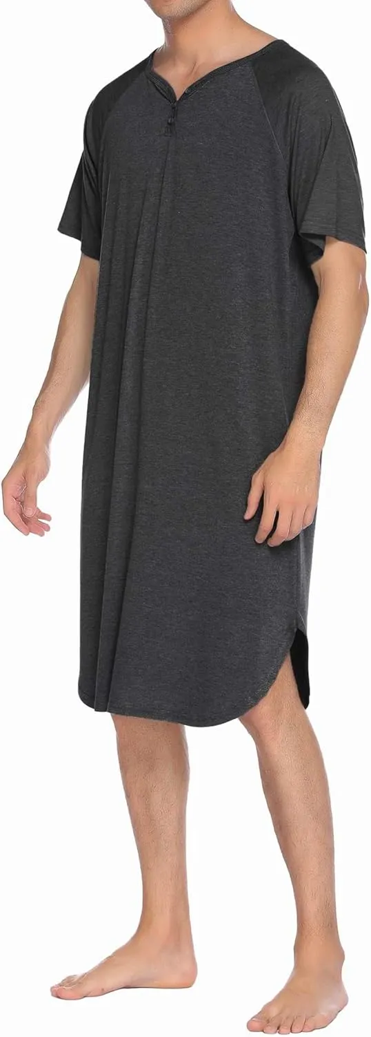 Ekouaer Sleepwear Men's Nightshirt Short Sleeve Pajamas Comfy Big & Tall Henley Sleep Shirt M-XXXL