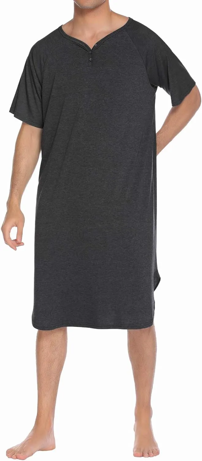 Ekouaer Sleepwear Men's Nightshirt Short Sleeve Pajamas Comfy Big & Tall Henley Sleep Shirt M-XXXL