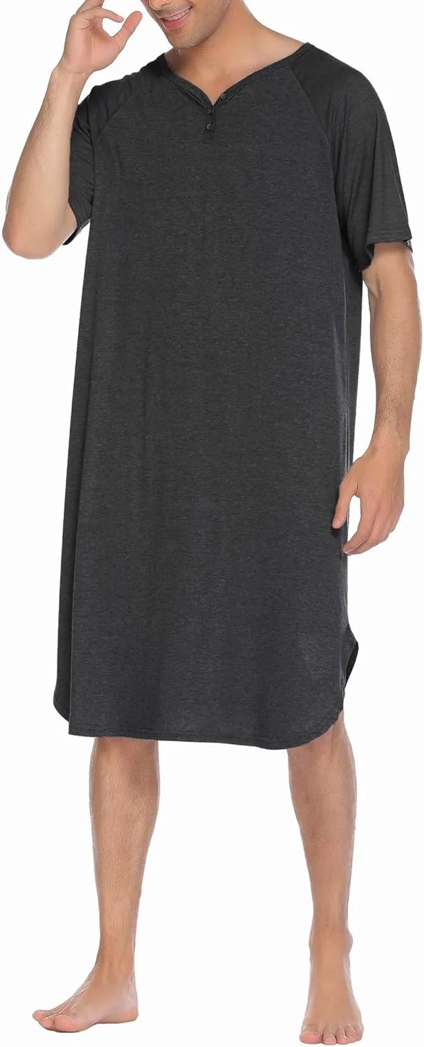 Ekouaer Sleepwear Men's Nightshirt Short Sleeve Pajamas Comfy Big & Tall Henley Sleep Shirt M-XXXL