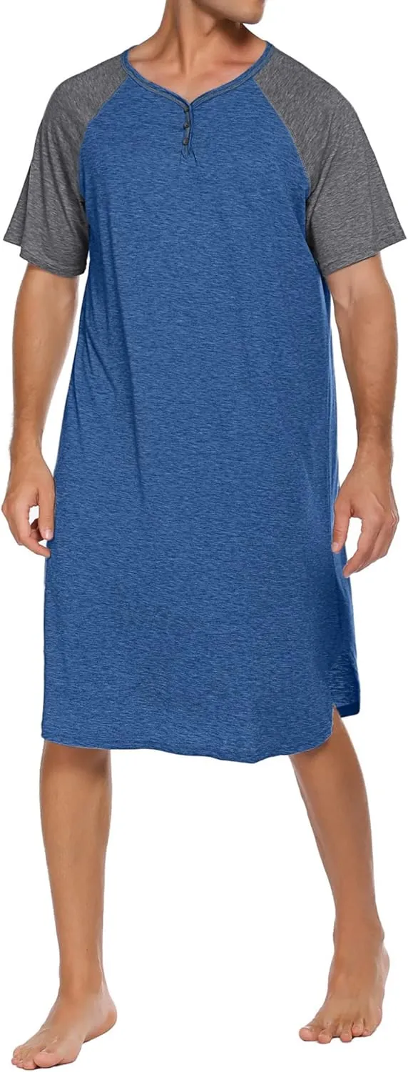Ekouaer Sleepwear Men's Nightshirt Short Sleeve Pajamas Comfy Big & Tall Henley Sleep Shirt M-XXXL