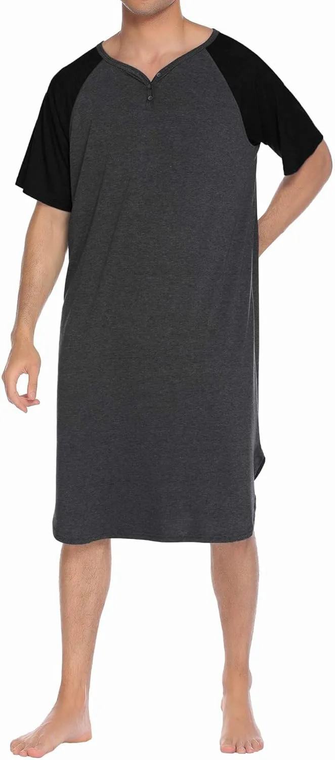 Ekouaer Sleepwear Men's Nightshirt Short Sleeve Pajamas Comfy Big & Tall Henley Sleep Shirt M-XXXL